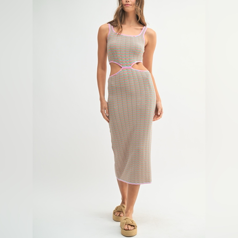 Colorful Knit Cut Out Midi Dress Striped Bodycon Summer Vacation Resort Chic